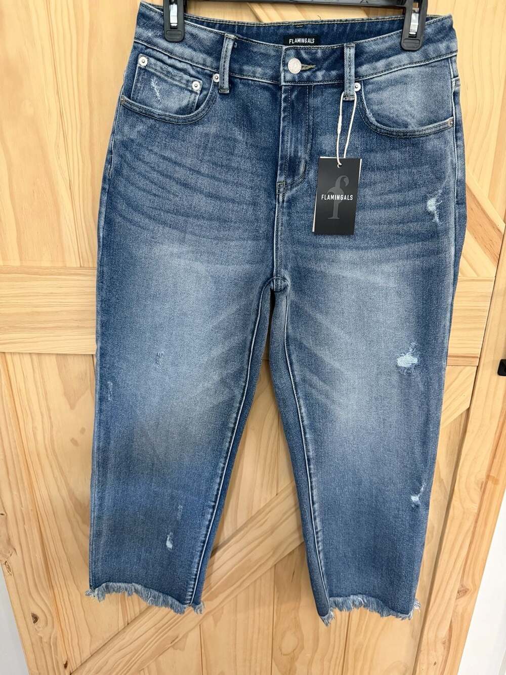 Flamingals Mid-Waist Distressed Cropped Jeans with Frayed Hem